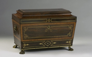 A Rare Regency Brass Inlaid Rosewood Tea Caddy with a Secret Drawer